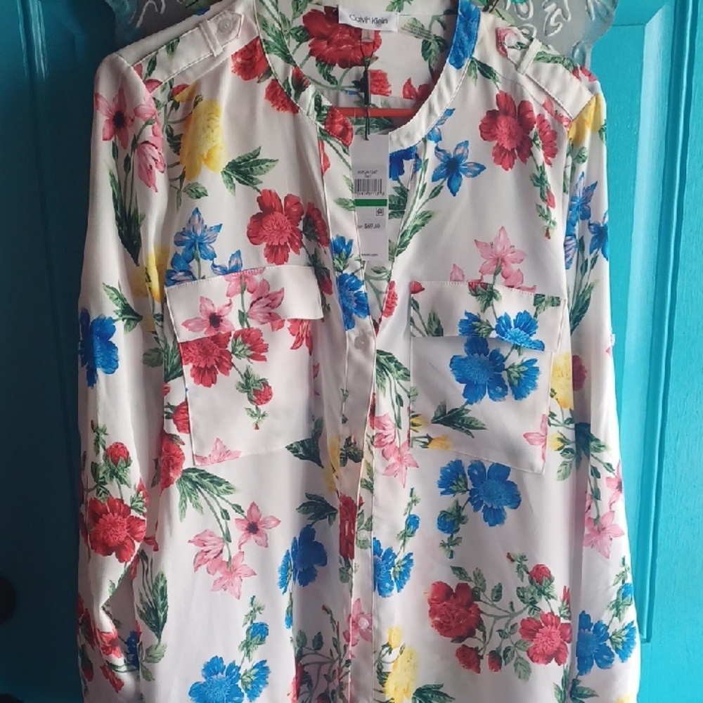 Calvin Klein Womens Floral Button-Up Blouse Size Large NWT